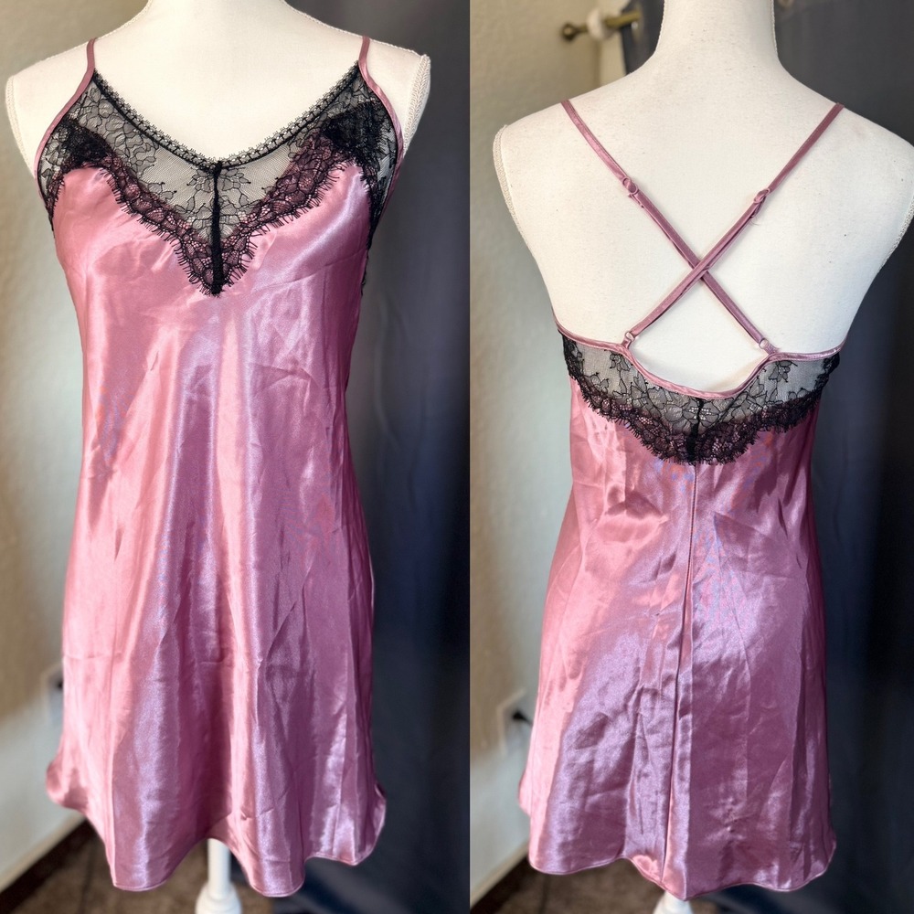 Linea Donatella Pink Satin Lace Trim Chemise Nightgown Womens Small